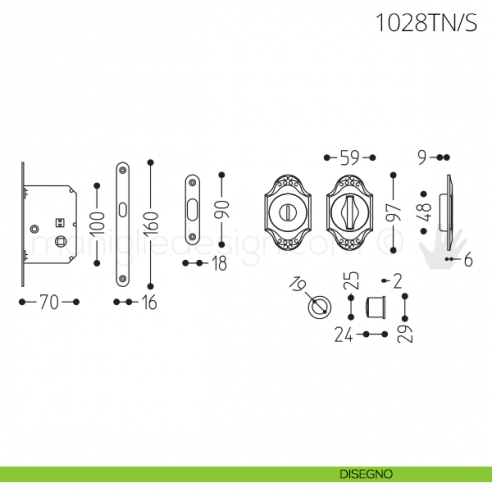 Maniglia per porta scorrevole Clip Mandelli 1028T nottolino e serratura disegno