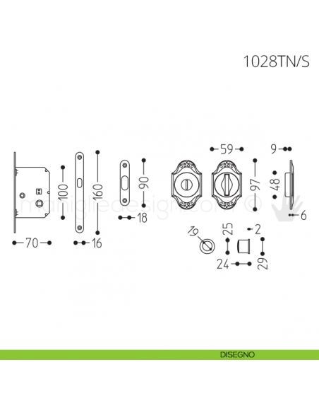 Maniglia per porta scorrevole Clip Mandelli 1028T nottolino e serratura disegno