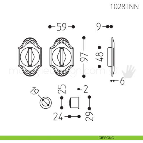 Maniglia per porta scorrevole Clip Mandelli 1028T con nottolino interno ed esterno senza serratura disegno