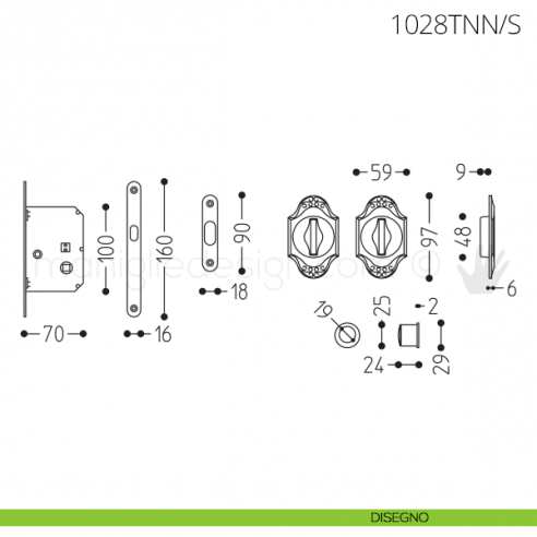 Maniglia per porta scorrevole Clip Mandelli 1028T con nottolino interno ed esterno con serratura disegno