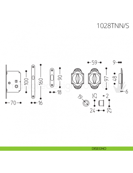 Maniglia per porta scorrevole Clip Mandelli 1028T con nottolino interno ed esterno con serratura disegno