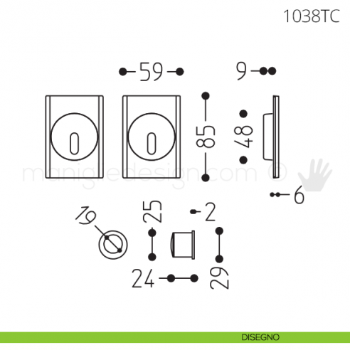 Maniglia per porta scorrevole Clip Mandelli 1038T con chiave senza serratura disegno