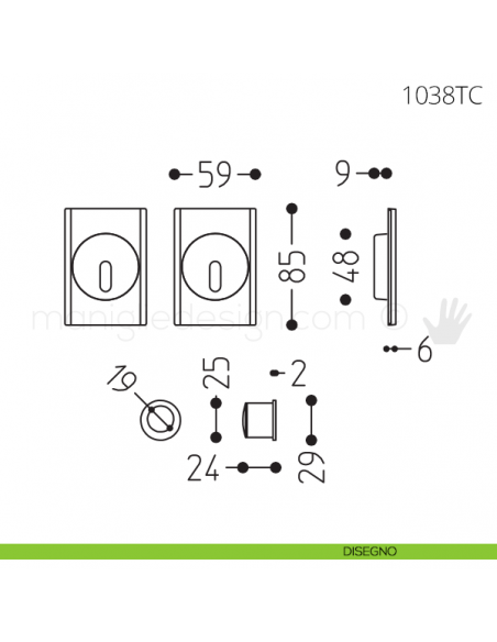 Maniglia per porta scorrevole Clip Mandelli 1038T con chiave senza serratura disegno