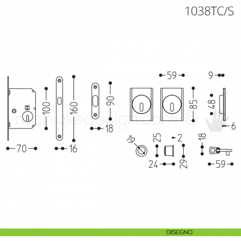 Maniglia per porta scorrevole Clip Mandelli 1038T con chiave e serratura disegno