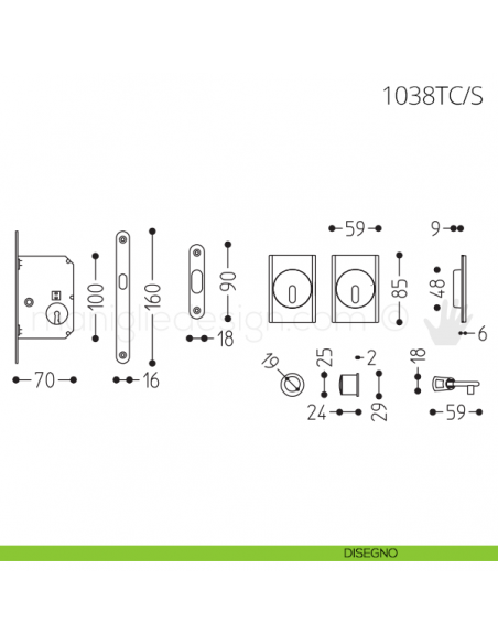 Maniglia per porta scorrevole Clip Mandelli 1038T con chiave e serratura disegno