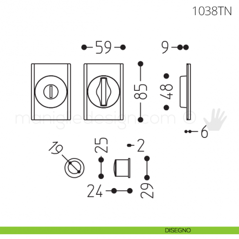 Maniglia per porta scorrevole Clip Mandelli 1038T con nottolino senza serratura disegno