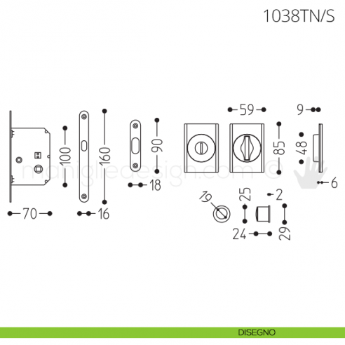 Maniglia per porta scorrevole Clip Mandelli 1038T nottolino e serratura disegno