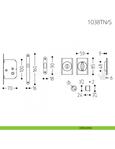 Maniglia per porta scorrevole Clip Mandelli 1038T nottolino e serratura disegno