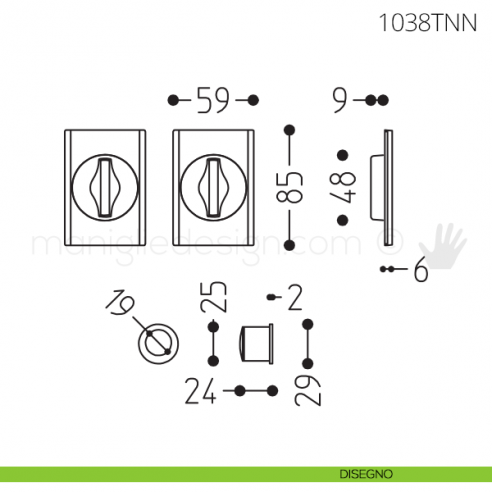 Maniglia per porta scorrevole Clip Mandelli 1038T con nottolino interno ed esterno senza serratura disegno