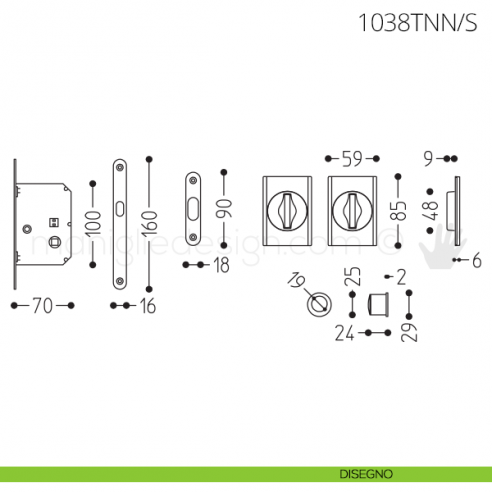Maniglia per porta scorrevole Clip Mandelli 1038T con nottolino interno ed esterno con serratura disegno