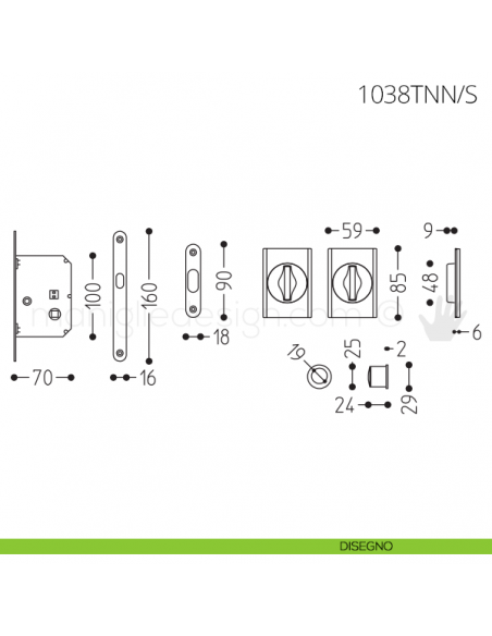 Maniglia per porta scorrevole Clip Mandelli 1038T con nottolino interno ed esterno con serratura disegno
