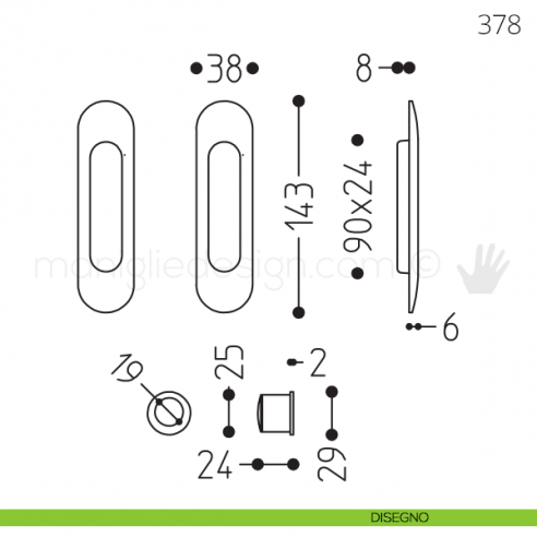 Maniglia per porta scorrevole Clip Mandelli 378 senza serratura disegno
