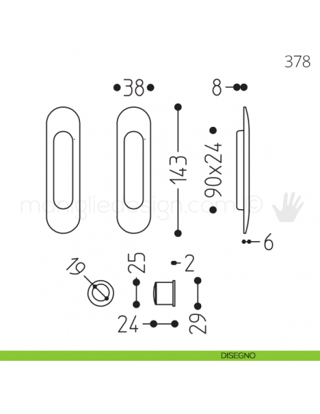 Maniglia per porta scorrevole Clip Mandelli 378 senza serratura disegno