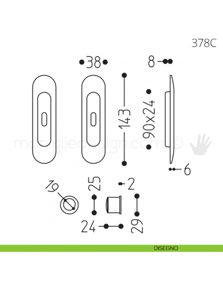 Maniglia per porta scorrevole Clip Mandelli 378 con chiave senza serratura disegno