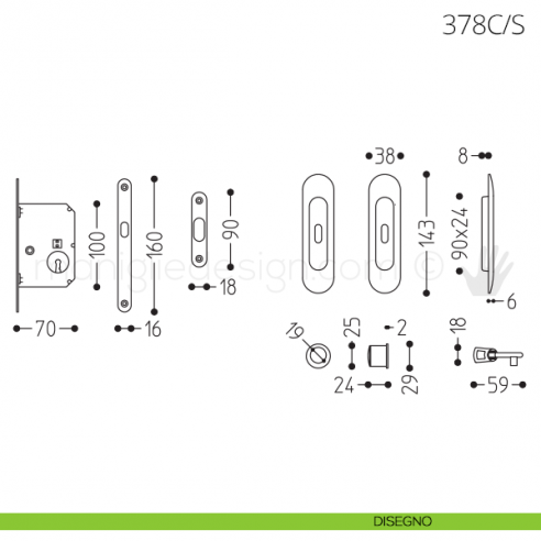 Maniglia per porta scorrevole Clip Mandelli 378 con chiave e serratura disegno