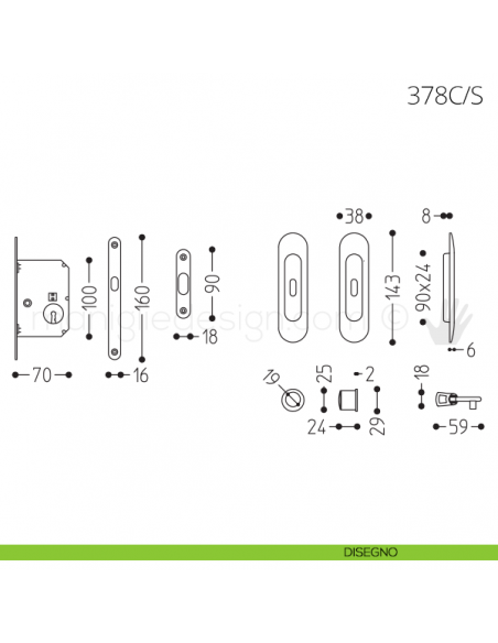 Maniglia per porta scorrevole Clip Mandelli 378 con chiave e serratura disegno