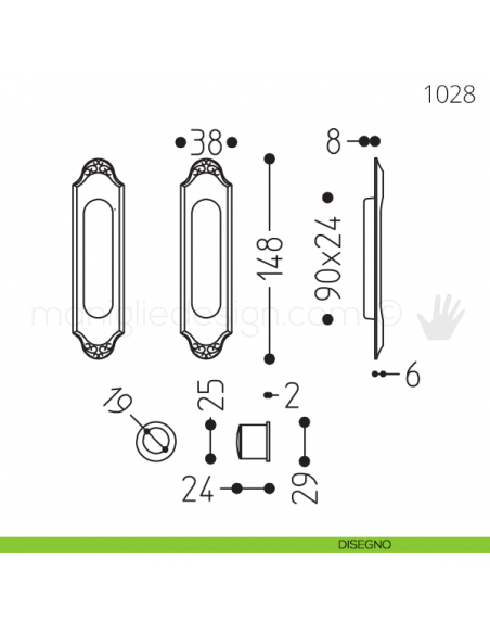 Maniglia per porta scorrevole Clip Mandelli 1028 senza serratura disegno