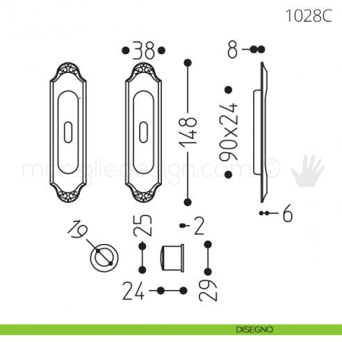 Maniglia per porta scorrevole Clip Mandelli 1028 con chiave senza serratura disegno