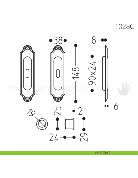 Maniglia per porta scorrevole Clip Mandelli 1028 con chiave senza serratura disegno