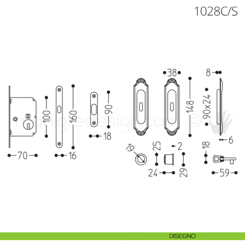 Maniglia per porta scorrevole Clip Mandelli 1028 con chiave e serratura disegno