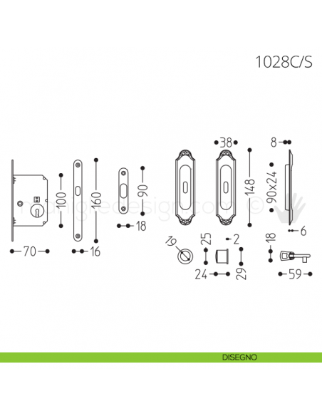 Maniglia per porta scorrevole Clip Mandelli 1028 con chiave e serratura disegno