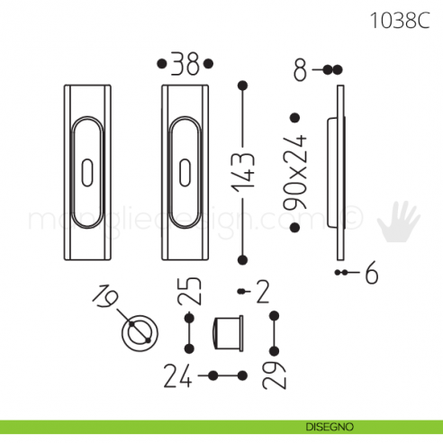 Maniglia per porta scorrevole Clip Mandelli 1038 con chiave senza serratura disegno