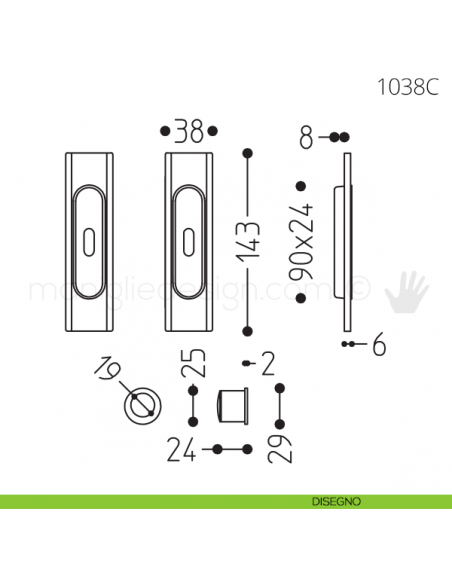 Maniglia per porta scorrevole Clip Mandelli 1038 con chiave senza serratura disegno