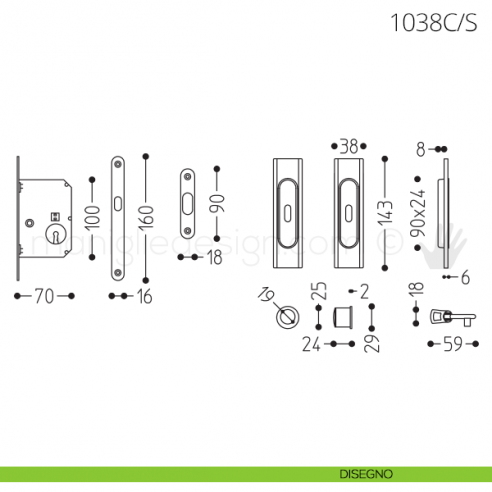 Maniglia per porta scorrevole Clip Mandelli 1038 con chiave e serratura disegno