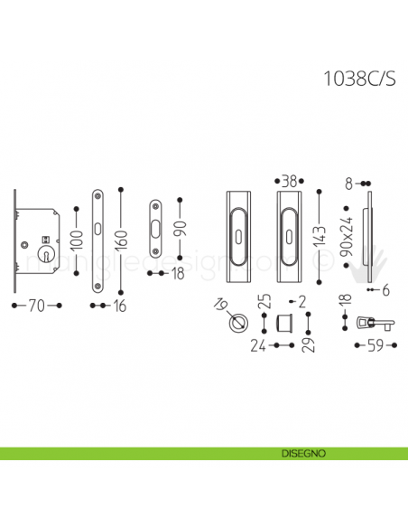Maniglia per porta scorrevole Clip Mandelli 1038 con chiave e serratura disegno