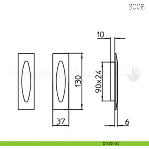 Maniglia per porta scorrevole Mandelli 3008 senza foro chiave disegno