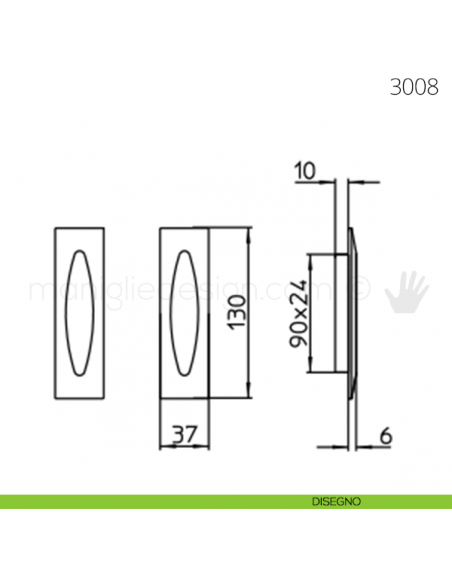 Maniglia per porta scorrevole Mandelli 3008 senza foro chiave disegno