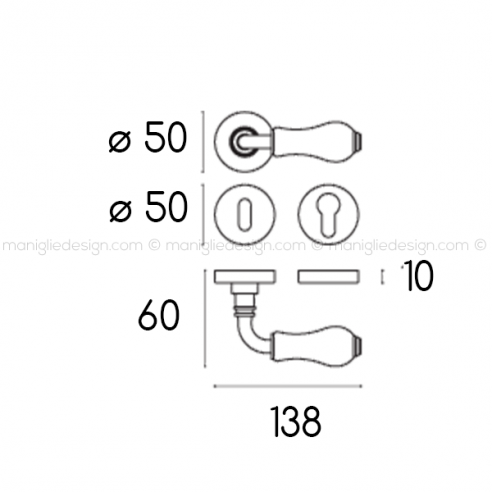 Maniglia porta porcellana avorio decorata ottone lucido verniciato Samoha Nestori