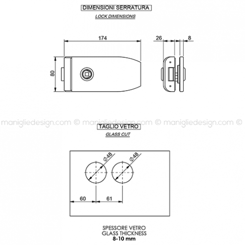 Serratura per porta in vetro foro maniglia SER001FM
