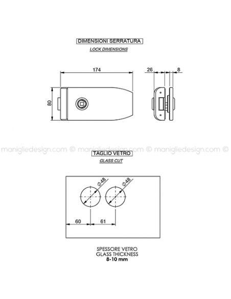 Serratura per porta in vetro foro maniglia SER001FM
