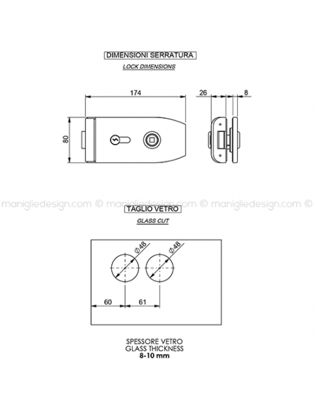 Serratura per porta in vetro foro maniglia con cilindro SER001FY