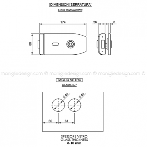 Serratura per porta in vetro foro maniglia con chiave SER001FC