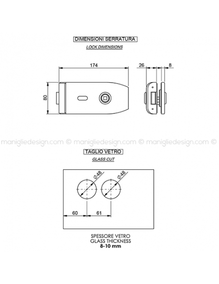 Serratura per porta in vetro foro maniglia con chiave SER001FC