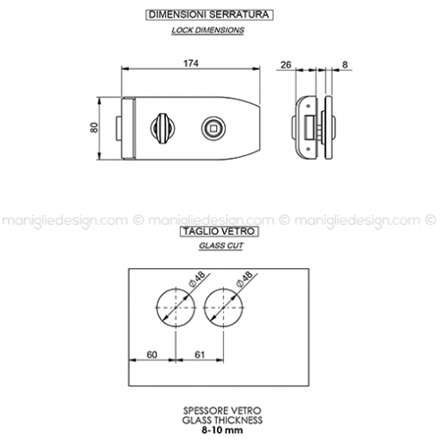 Serratura per porta in vetro foro maniglia con nottolino WC SER001FM