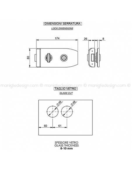 Serratura per porta in vetro foro maniglia con nottolino WC SER001FM