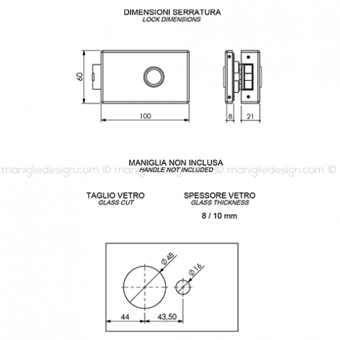 Serratura per porta in vetro foro maniglia SER002FM
