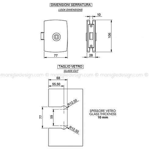 Serratura per porta in vetro foro maniglia SER004FM