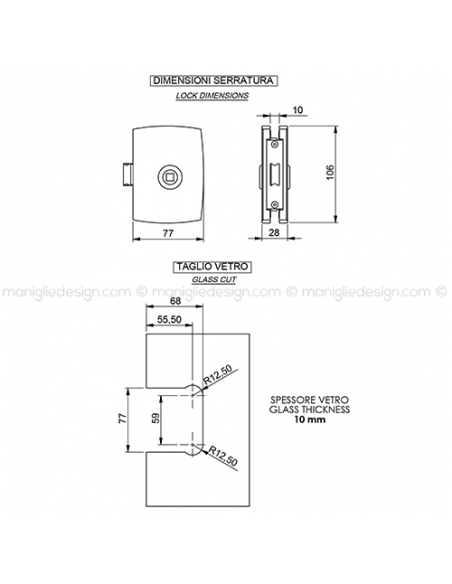 Serratura per porta in vetro foro maniglia SER004FM
