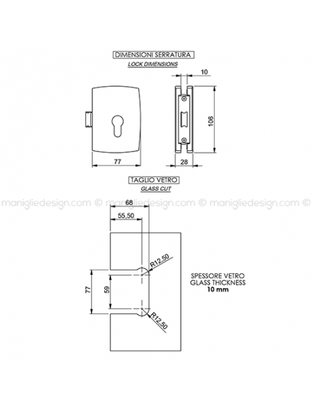 Serratura per porta in vetro foro cilindro SER004FY
