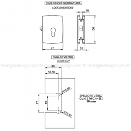 Serratura per porta in vetro foro cilindro con gancio SER004GA 2