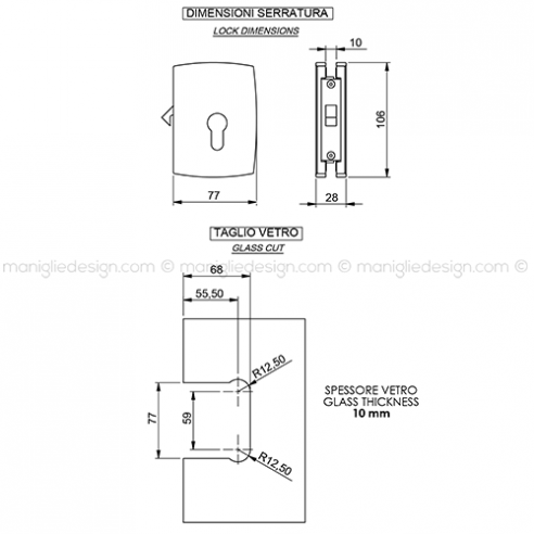 Serratura per porta in vetro foro cilindro con gancio SER004GA