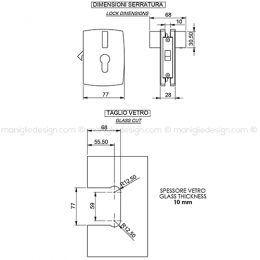 Serratura per porta in vetro foro cilindro con pomolo SER001GE 2