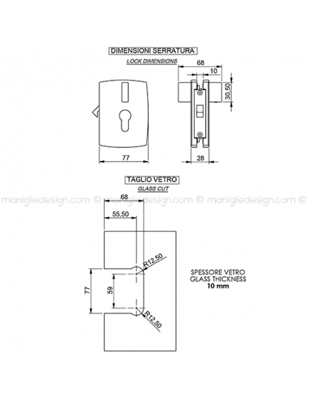 Serratura per porta in vetro foro cilindro con pomolo SER001GE
