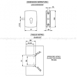 Serratura per porta in vetro foro cilindro con perno SER004PE 2