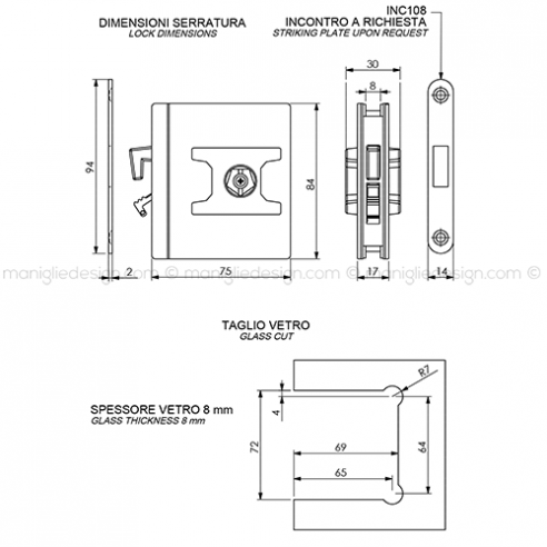 Serratura per porta scorrevole in vetro con nottolino e gancio SER005NG