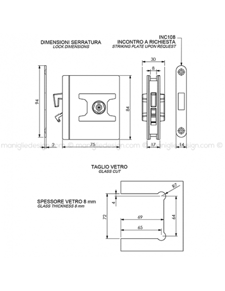 Serratura per porta scorrevole in vetro con nottolino e gancio SER005NG